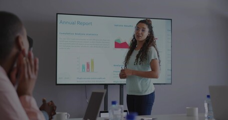 Presenting woman addressing team in boardroom, with laptops and drinks by display showing charts