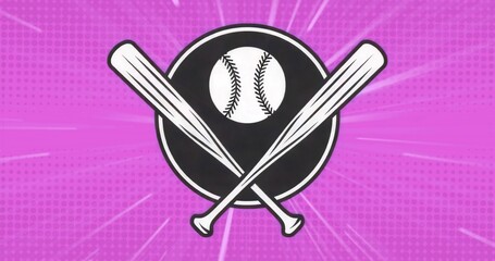 Displaying crossed white bats, baseball icon on black circle in pink backdrop with halftone rays