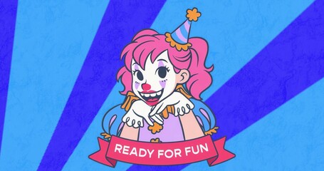 Displaying female clown with red nose wearing hat in blue radial backdrop, READY FOR FUN banner