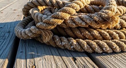 Obraz premium Sunlit textured nautical rope on weathered wooden dock with salt crystals