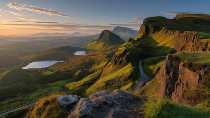 Scenic mountain landscape with a winding road and lakes at sunrise