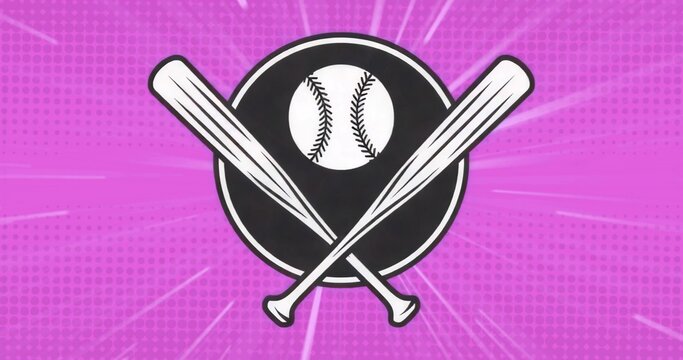 Fototapeta Displaying crossed white bats, baseball icon on black circle in pink backdrop with halftone rays