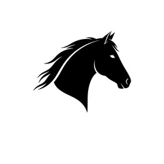 High-quality vector illustration of a black horse head silhouette with flowing mane, designed in a minimalist and elegant style.
