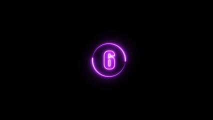 Neon number 6. glowing neon text six number countdown icon image on black background. Glowing neon line text illustration.