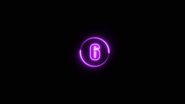 Neon number 6. glowing neon text six number countdown icon image on black background. Glowing neon line text illustration.