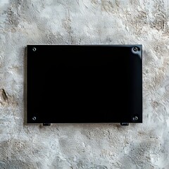 Sleek black display panel mounted on textured wall creates modern professional presentation space ready for creative content or branding