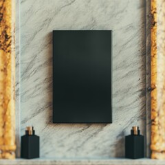 Elegant black framed artwork mockup on marble wall with luxury perfume bottles, perfect for interior design and branding