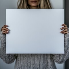 Woman holding blank white sign for your message, perfect for advertising, announcements, or creative designs, with copy space