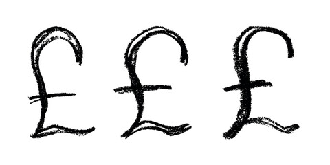 Set of hand drawn british pound currency symbol. Brush stroke doodle. Single element for design