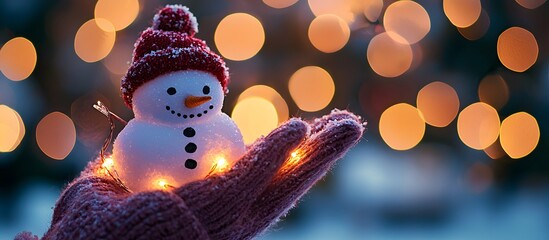 Female hands holding a cute happy Snowman