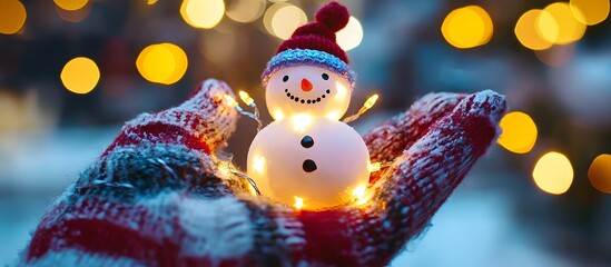 Female hands holding a cute happy Snowman