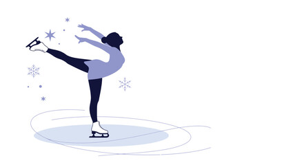 Silhouette of a woman ice skating with snowflakes and stars on a white background illustration