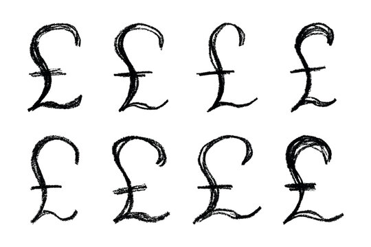 Set of hand drawn british pound currency symbol. Brush stroke doodle. Single element for design