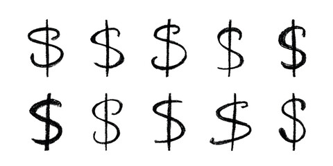 Set of hand drawn dollar currency symbol. Brush stroke doodle. Single element for design