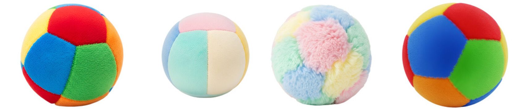 Four plush balls featuring vibrant colors and pastel hues displayed against a plain setting on transparent background