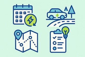 Obraz premium Visual roadmap of sustainable mobility integration showcasing electric vehicle charging, planning, tracking routes, and innovative strategies for eco-friendly transportation solutions