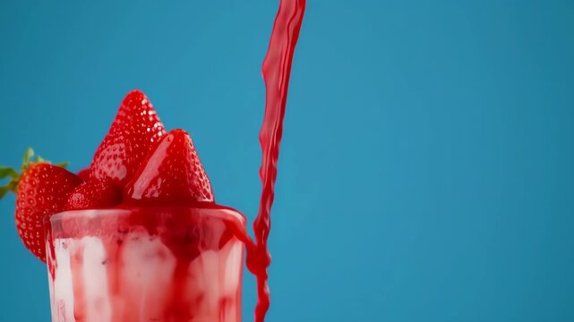 strawberry vanilla smoothie with fresh strawberries and pouring syrup