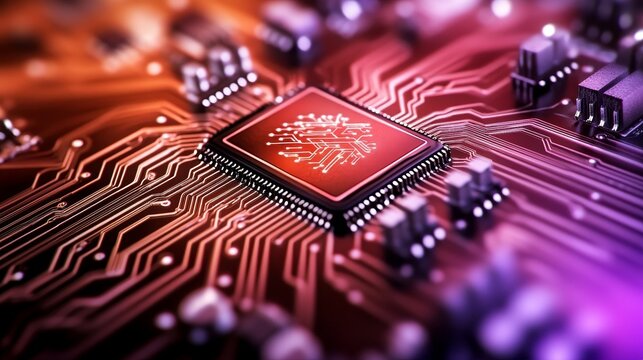 Stunning close-up of a modern computer chip with intricate design, perfect for tech innovation or futuristic concepts, showcasing advanced technology