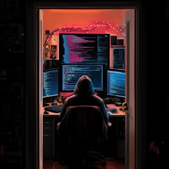 Intense coder immersed in lines of code on multiple screens, fueled by passion in a cozy nook for software development and cybersecurity tasks
