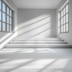 Fototapeta premium Serene all white space with steps and windows casting shadows - envision limitless possibilities, a blank canvas for your creative vision and brand message