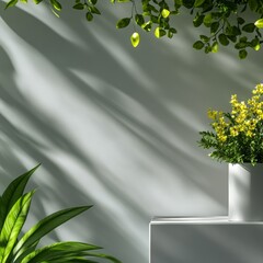 Modern minimalist backdrop with sunlit leaves and vibrant yellow flowers for product display, creating a calm and inviting atmosphere for branding