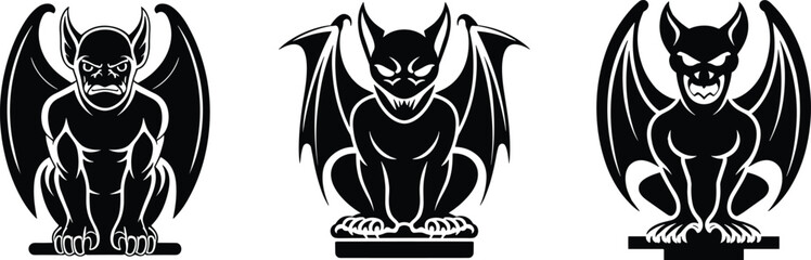 Scary gargoyle statue silhouette set with wings, gothic creature decoration, monster guard figure design for Halloween fantasy horror artwork