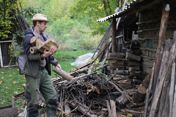 Wood working man countryside area, homework