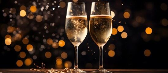 two champagne glasses against holiday lights and fireworks - New Year celebrations
