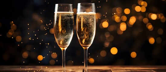 two champagne glasses against holiday lights and fireworks. valentine's day celebration