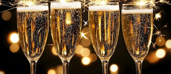 champagne glasses against holiday lights and fireworks . New Year celebrations