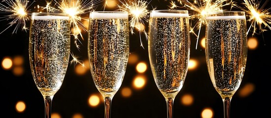 champagne glasses against holiday lights and fireworks . New Year celebrations