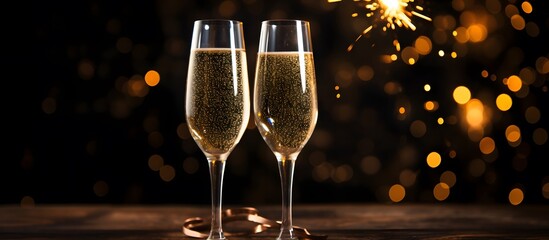 two champagne glasses against holiday lights and fireworks - New Year celebrations