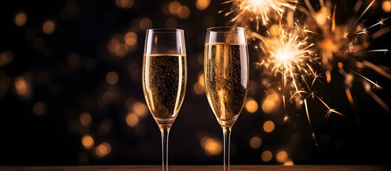 two champagne glasses against holiday lights and fireworks - New Year celebrations