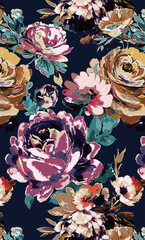 Abstract solid vector textile design, arrangement with big rose flowers, all-over seamless pattern with pink and orange tone color illustration, digital image printing factory