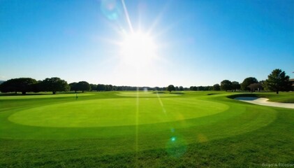 Obraz premium Tiger Woods Iconic Golf Course A vast, pristine golf course fairway with perfectly manicured green grass stretching towards a distant hole with a flag. Sunlight casts long shadows across the