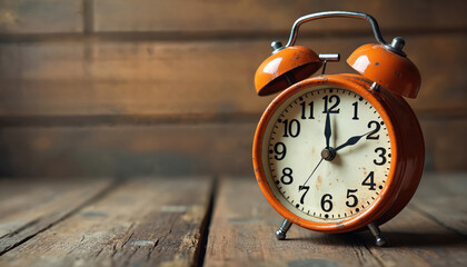 Old orange alarm clock stands on wooden surface. Retro clock shows time. Concept of time management and vintage style. Rustic wood background with vintage clock face.