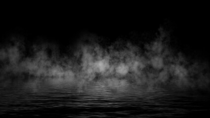 Abstract smoke steam moves on black background texture . The concept of aromatherapy. Reflection on water. Stock illustration.