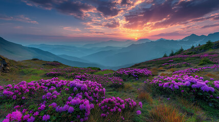 Vibrant purple wildflowers bloom on a mountain slope at sunrise