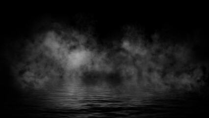 Fototapeta premium Abstract smoke steam moves on black background texture . The concept of aromatherapy. Reflection on water. Stock illustration.