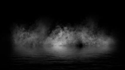 Abstract smoke steam moves on black background texture . The concept of aromatherapy. Reflection on water. Stock illustration.