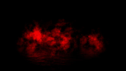 Red abstract smoke steam moves on black background texture . The concept of aromatherapy. Reflection on water. Stock illustration.