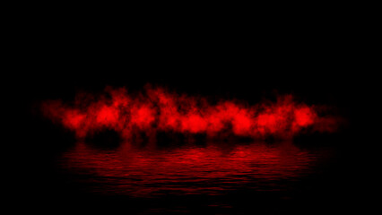 Red abstract smoke steam moves on black background texture . The concept of aromatherapy. Reflection on water. Stock illustration.