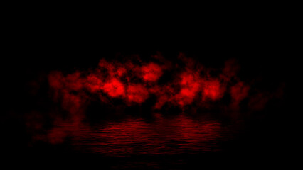 Red abstract smoke steam moves on black background texture . The concept of aromatherapy. Reflection on water. Stock illustration.