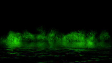 Green abstract smoke steam moves on black background texture . The concept of aromatherapy. Reflection on water. Stock illustration.