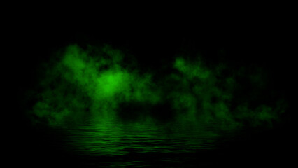 Obraz premium Green abstract smoke steam moves on black background texture . The concept of aromatherapy. Reflection on water. Stock illustration.
