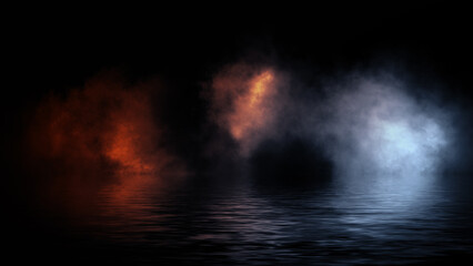 Blue and fire abstract smoke steam moves on black background texture . The concept of aromatherapy. Reflection on water. Stock illustration.