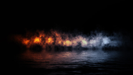 Blue and fire abstract smoke steam moves on black background texture . The concept of aromatherapy. Reflection on water. Stock illustration.