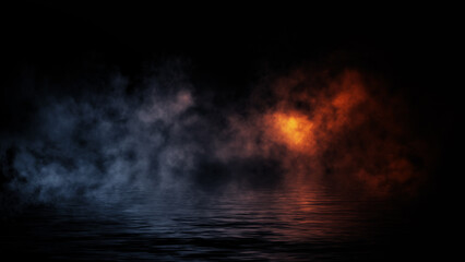 Fototapeta premium Blue and fire abstract smoke steam moves on black background texture . The concept of aromatherapy. Reflection on water. Stock illustration.
