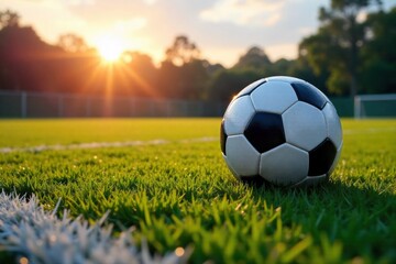 Sunrise over a dew kissed soccer ball on a perfectly manicured athletic field, early morning light illuminating the scene. A single, perfectly rendered soccer ball sits centered on a meticulously
