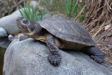 Fototapeta premium Charming California Western Pond Turtle Relaxing on a Sunlit Rock by a Serene Duck Pond